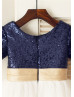 Short Sleeves Navy Blue Sequin Ivory Tulle Knee Length Flower Girl Dress
